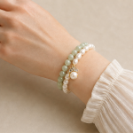 Green Jade and Baroque Pearl Two-Row Bracelet with Pave Cap Drop - Image 2