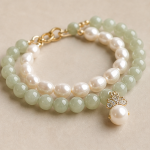 Green Jade and Baroque Pearl Two-Row Bracelet with Pave Cap Drop - Image 5