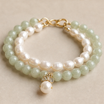 Green Jade and Baroque Pearl Two-Row Bracelet with Pave Cap Drop - Image 7