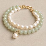 Green Jade and Baroque Pearl Two-Row Bracelet with Pave Cap Drop - Image 8