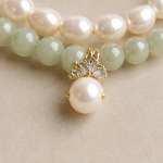 Green Jade and Baroque Pearl Two-Row Bracelet with Pave Cap Drop - Image 9