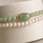 Oval Green Jade Cabochon Bracelet with Double Pearl and Jade Strands - Image 3