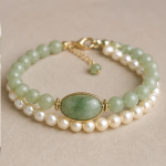 Oval Green Jade Cabochon Bracelet with Double Pearl and Jade Strands