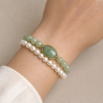 Oval Green Jade Cabochon Bracelet with Double Pearl and Jade Strands - Image 2