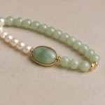 Oval Green Jade Cabochon Bracelet with Double Pearl and Jade Strands - Image 5