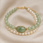Oval Green Jade Cabochon Bracelet with Double Pearl and Jade Strands - Image 7