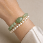 Oval Green Jade Cabochon Bracelet with Double Pearl and Jade Strands - Image 6