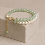 Oval Green Jade Cabochon Bracelet with Double Pearl and Jade Strands - Image 9