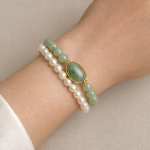 Oval Green Jade Cabochon Bracelet with Double Pearl and Jade Strands - Image 4