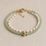 Fine Green Jade and Pearl Two-Strand Bracelet with Gold Bead