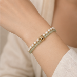 Fine Green Jade and Pearl Two-Strand Bracelet with Gold Bead - Image 2