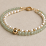 Fine Green Jade and Pearl Two-Strand Bracelet with Gold Bead - Image 5
