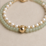 Fine Green Jade and Pearl Two-Strand Bracelet with Gold Bead - Image 6