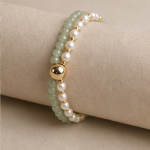 Fine Green Jade and Pearl Two-Strand Bracelet with Gold Bead - Image 9