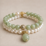 Green Jade Teardrop Charm Bracelet with Pearl and Jade Strands