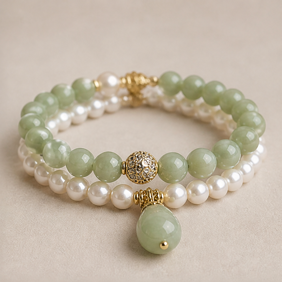 1786598582_1159131b-3 Green Jade Teardrop Charm Bracelet with Pearl and Jade Strands - 图片 1