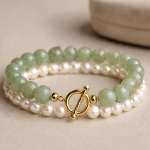 Green Jade and Pearl Bracelet with Front Toggle Clasp in Gold Tone