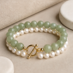 Green Jade and Pearl Bracelet with Front Toggle Clasp in Gold Tone - Image 8