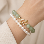 Green Jade and Pearl Bracelet with Front Toggle Clasp in Gold Tone - Image 2
