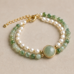 Green Jade Cabochon Bracelet with Mixed Jade Beads and Freshwater Pearls