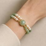 Green Jade Cabochon Bracelet with Mixed Jade Beads and Freshwater Pearls - Image 2