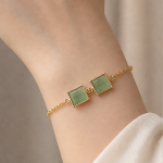 Double Square Green Jade Bracelet in Gold-Plated Brass - 图片 2