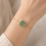 Square Green Jade Bracelet with Cubic Zirconia Accent in Gold Tone - Image 2