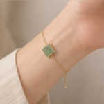 Square Green Jade Bracelet with Cubic Zirconia Accent in Gold Tone - Image 6