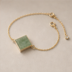 Square Green Jade Bracelet with Cubic Zirconia Accent in Gold Tone - Image 7
