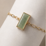 Green Jade Bar Bracelet on Oval Link Chain in Gold Tone - Image 3