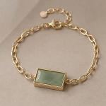 Green Jade Bar Bracelet on Oval Link Chain in Gold Tone