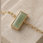 Green Jade Bar Bracelet on Oval Link Chain in Gold Tone - Image 5