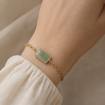 Green Jade Bar Bracelet on Oval Link Chain in Gold Tone - Image 2
