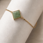 Adjustable Slider Bracelet with Square Green Jade in Gold Tone - 图片 3