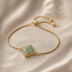 Adjustable Slider Bracelet with Square Green Jade in Gold Tone