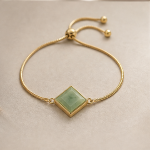 Adjustable Slider Bracelet with Square Green Jade in Gold Tone - 图片 5
