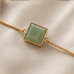 Adjustable Slider Bracelet with Square Green Jade in Gold Tone - 图片 7