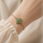 Adjustable Slider Bracelet with Square Green Jade in Gold Tone - 图片 6