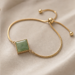 Adjustable Slider Bracelet with Square Green Jade in Gold Tone - 图片 8