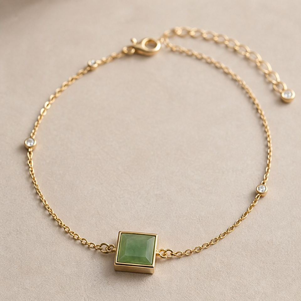 1786598953_7b5b6bc6-1 Square Green Jade Bracelet with Bezel-Set Cubic Zirconia Stations - 图片 1