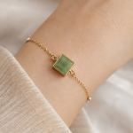 Square Green Jade Bracelet with Bezel-Set Cubic Zirconia Stations - 图片 2