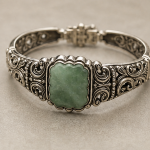 Antiqued Silver Scrollwork Bracelet with Cushion Green Jade