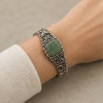 Antiqued Silver Scrollwork Bracelet with Cushion Green Jade - 图片 2