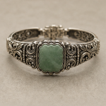 Antiqued Silver Scrollwork Bracelet with Cushion Green Jade - 图片 7