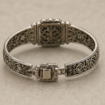Antiqued Silver Scrollwork Bracelet with Cushion Green Jade - 图片 9