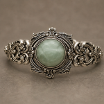 Victorian Style Silver Bracelet with Faceted Green Jade Cabochon