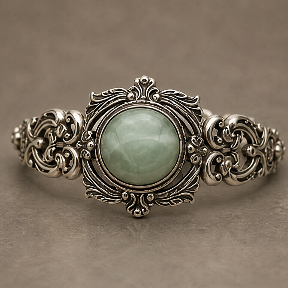 1786599246_f722cece-1 Victorian Style Silver Bracelet with Faceted Green Jade Cabochon - 图片 1