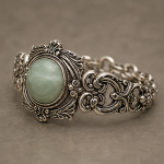 Victorian Style Silver Bracelet with Faceted Green Jade Cabochon - 图片 2