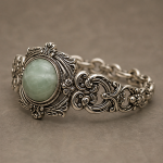 Victorian Style Silver Bracelet with Faceted Green Jade Cabochon - 图片 3