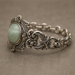 Victorian Style Silver Bracelet with Faceted Green Jade Cabochon - 图片 4